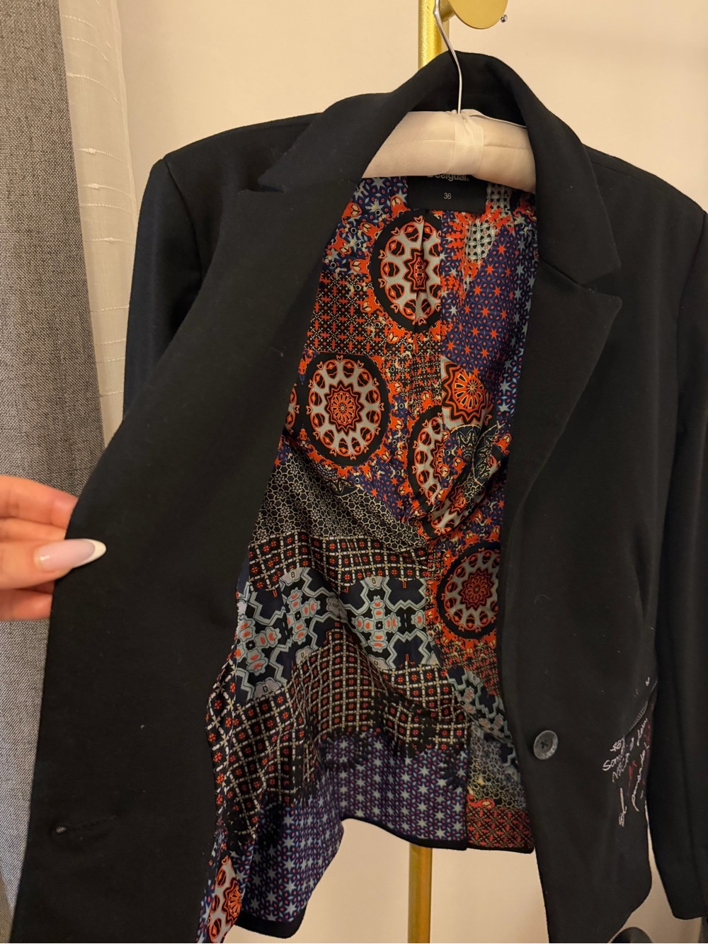 Desigual Black Blazer with Colorful Printed Lining - Picture 2 of 4